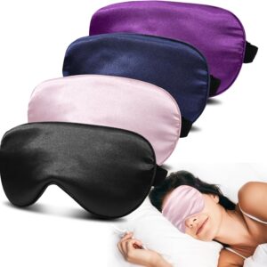 4 Pack Silk Sleep Mask - 100% Blackout, Zero Eye Pressure, Blindfold with Adjustable Strap, Super Soft Travel Eye Covers (Black, Pink, Blue, Purple)