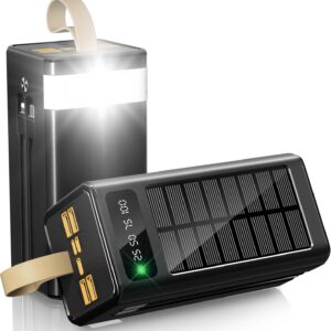 80000mAh Solar Battery Charger, 35W Fast Charging Solar Power Bank,Built-in USB-C/Lightning Cables for Camping,Travel,Emergencies,Tech Devices| 9-Port PD/USB-C, LED Flashlight (Black-Cable)